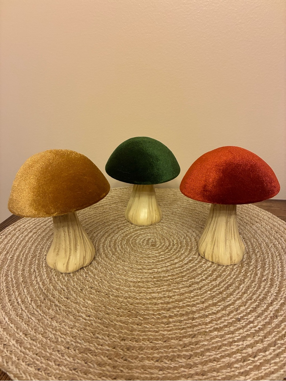 Velvet Mushroom Trio in Gold, Green, and Rust